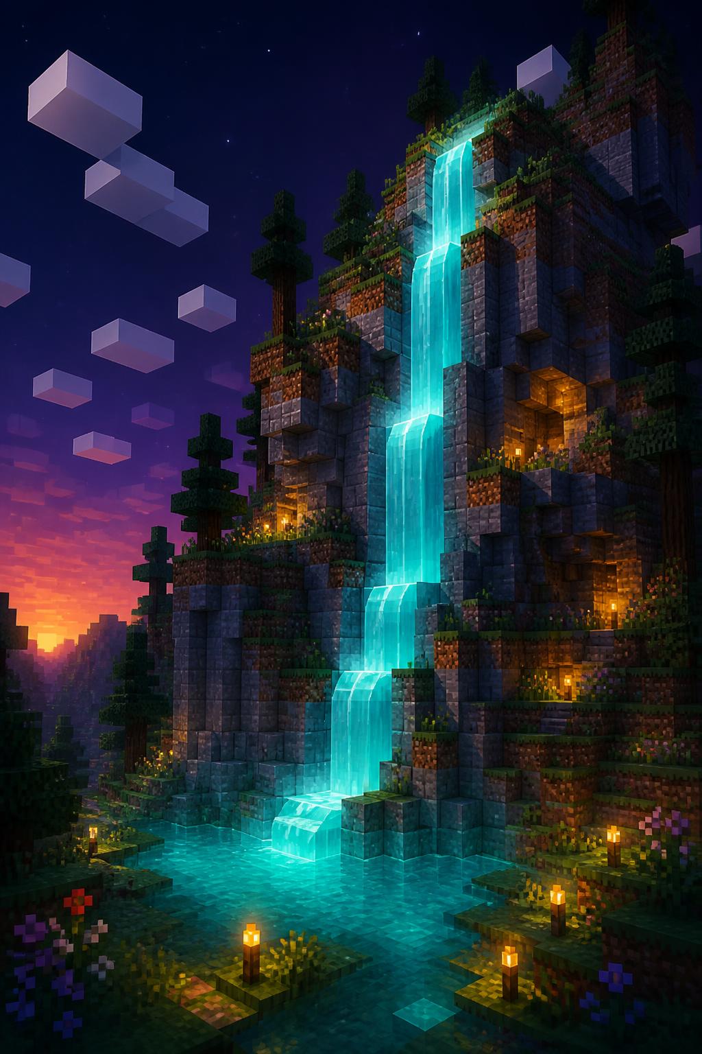 Minecraft vodopád v přírodní blokové krajině